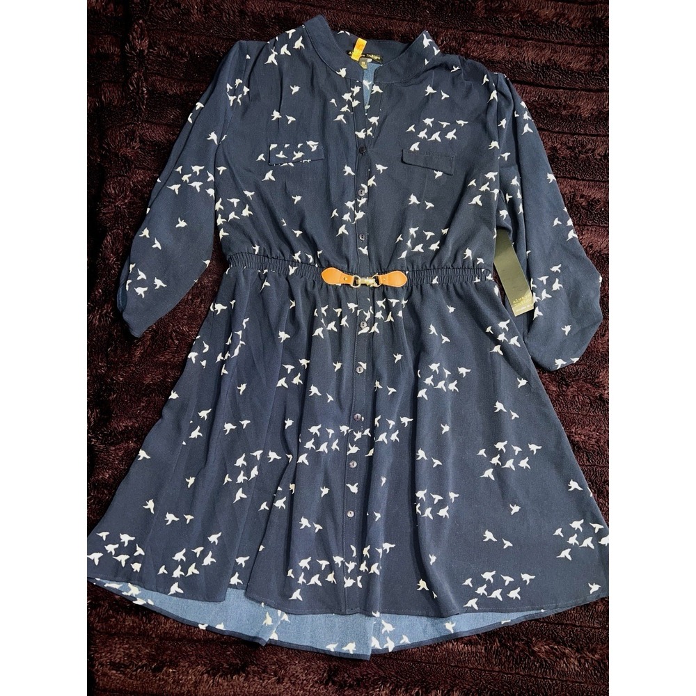Always Indigo Bird Print Shirt Dress NWT Size 2X Navy Belted